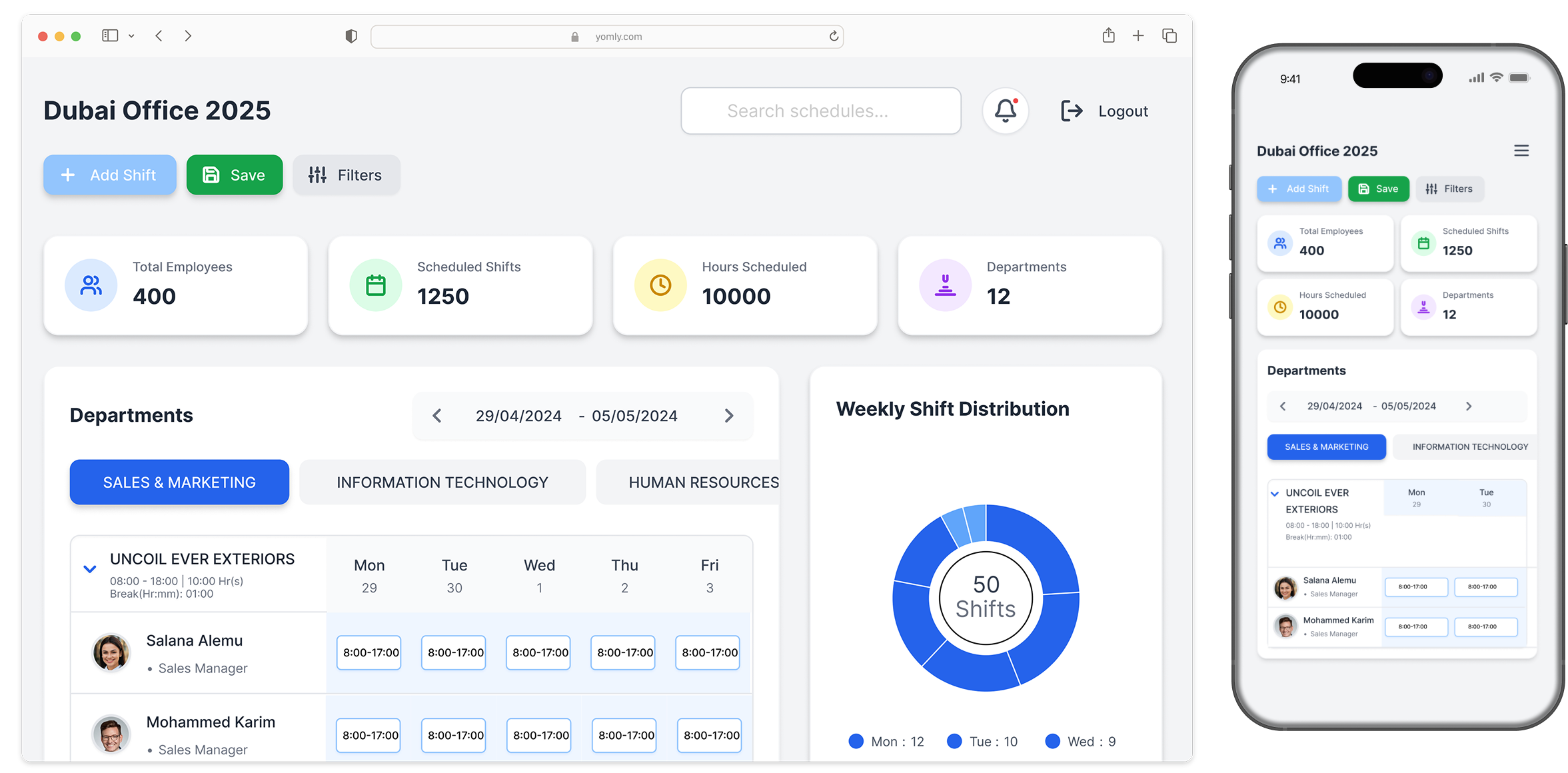 Yomly shift scheduling dashboard
